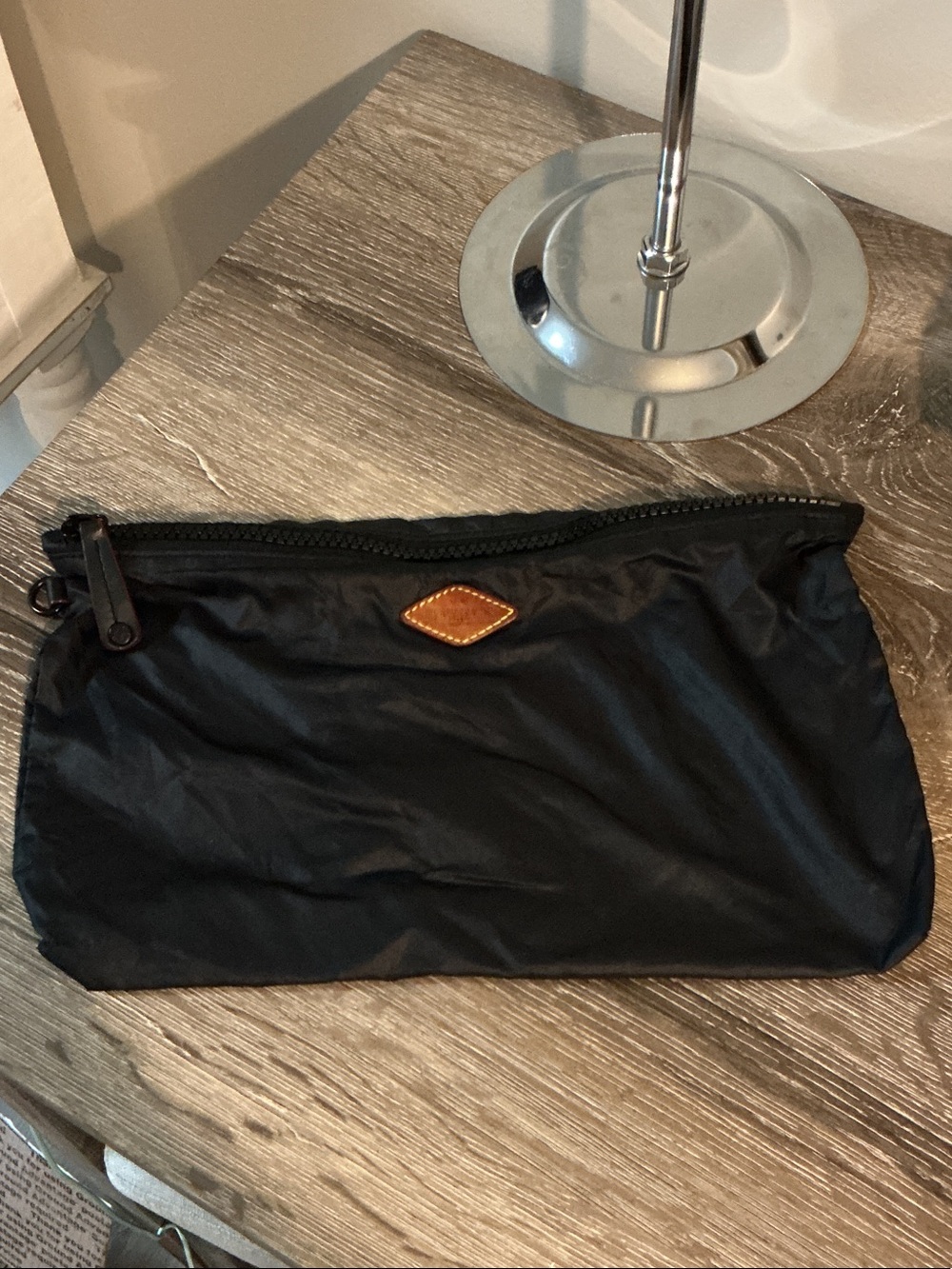 MZ Wallace Black Nylon Toiletry Pouch Bag Brown Leather Patch 13x8 GUC